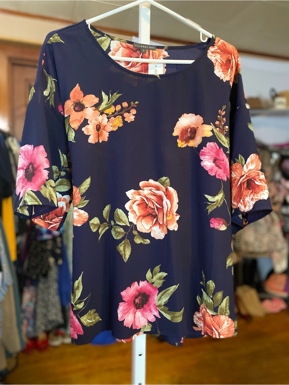 West Kei Navy Floral Short-Sleeve Blouse with Pink & Peach Blooms